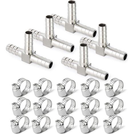 5 pièces 304 Raccords en acier inoxydable 6MM,3 Voie Raccord en T pour carburant/air/liquide/gaz avec 15 pièces Hose Clamp (1/5)