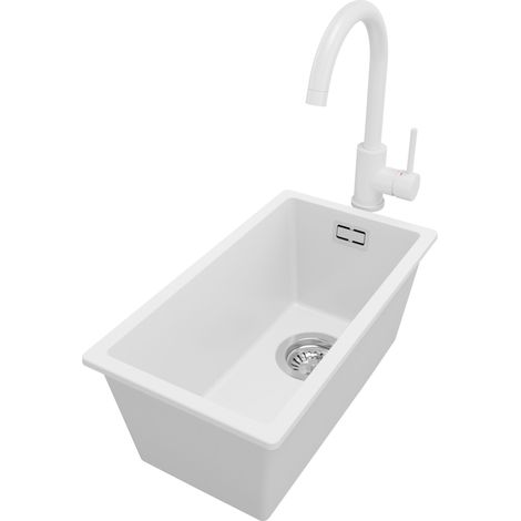 PRIMAGRAN Evier Sous Plan 26x47cm, Evier en Granit 1 bac + Robinet 32x20cm + Kit de Vidage, Évier au meuble 30cm - London, Blanc (1/5)