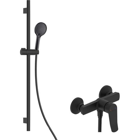 kielle Nefia - Set de douche avec mitigeur, colonne, flexible et pommeau de douche EcoSpare, noir mat 20627SN44