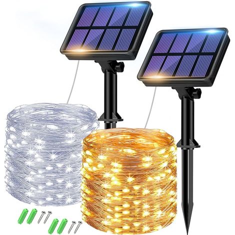 VUSZR Solar Lichterkette Aussen, 2x8M 80 LED Solarlichterkette Außen Wetterfest 8 Modi IP65 Wasserdicht Kupferdraht Lichterkette Außen Solar Outdoor für Garten Baum Hof Party (Warmweiß+Kaltweiß) (1/5)