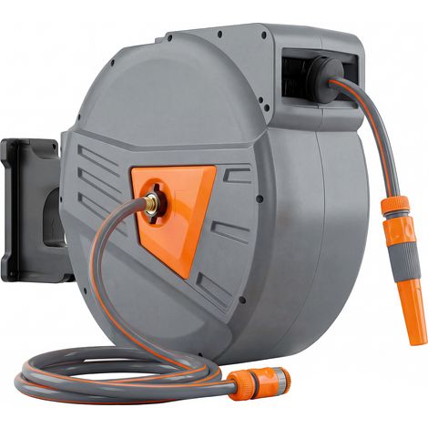 Enrouleur tuyau arrosage mural 40+2 m Ø 15 mm - Orange - Dévidoir rétractable automatique pivotant 180° - Pour jardin - Design pratique et gain de place (1/5)