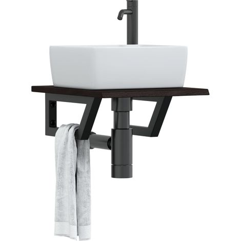 Estante de lavabo de pared de acero y madera maciza de roble vidaXL