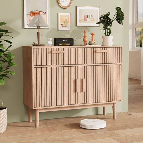 100 cm Sideboard mit zwei Schubladen – Zwei Schranktüren – Wellenförmiges Holzdesign – 100x34x73 cm – Geeignet für Wohn- und Esszimmer – Massivholz-Finish