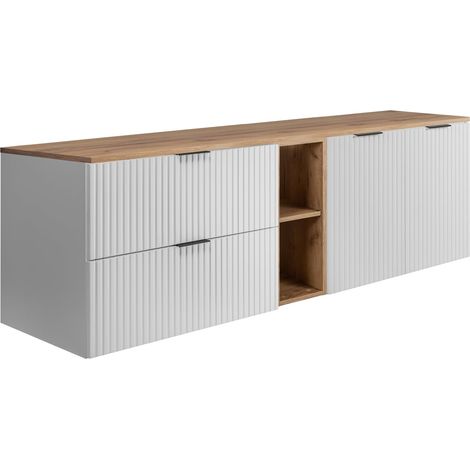 Set da bagno: mobile con cassetti, mobile con ante e ripiano 57×46×180 cm, colore: bianco / rovere Craft, maniglia nera (1/5)