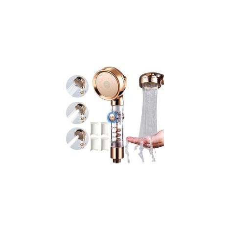 Pommeau de douche turbo à 3 modes, haute pression avec 4 filtres, bouton d'arrêt d'eau, design doré élégant pour une douche unique