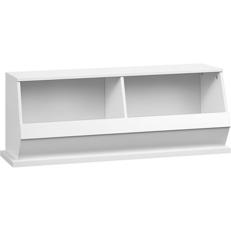 Meuble de rangement blanc MDF, 2 casiers et bacs intégrés, dimensions 90 x 36 x 35 cm pour chambre ou bureau. (146 caractères) (1/4)