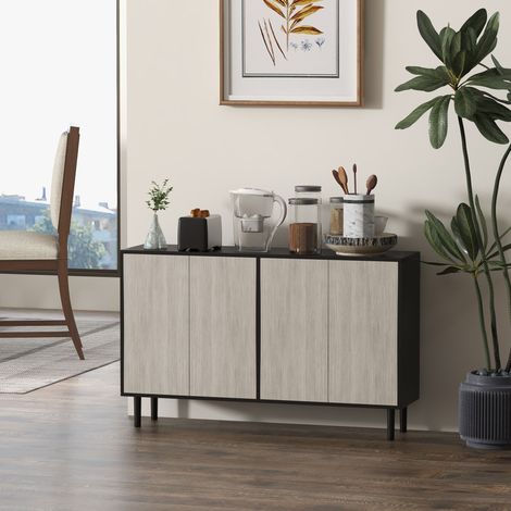 Küchen-Sideboard mit 2 Schränken und verstellbaren Einlegeböden, 121 x 37 x 75 cm, Holzoptik schwarz-grau