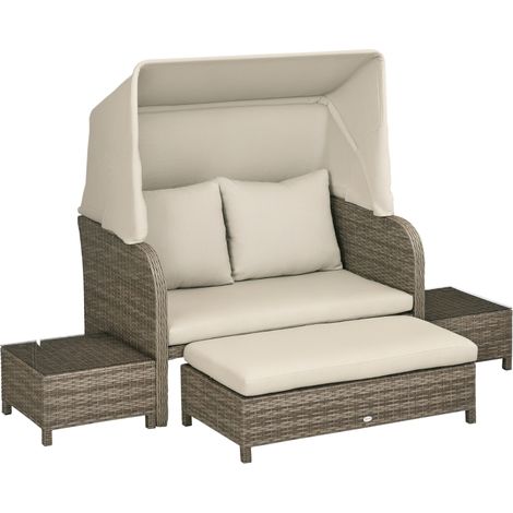 Ensemble salon de jardin 4 pièces canapé 2 places + 1 repose-pieds + 2 table basse avec coussins beige marron (1/4)