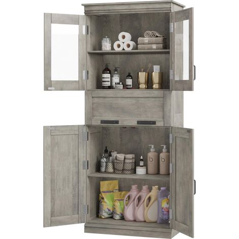 Armoire salle de bain 170 cm indépendante – 4 portes vitrées, tiroir, étagères réglables – Rangement haut, gris, double rangée (1/5)