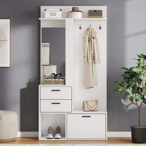 Mueble de entrada con espejo, 2 cajones, zapatero y 3 ganchos, blanco DESVIAE (1/5)
