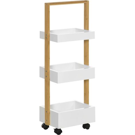 Beyamis Badezimmerwagen mit Rollen und 3 Körben, multifunktionaler Servierwagen aus Bambusholz, 28 x 18 x 75 cm, weiß