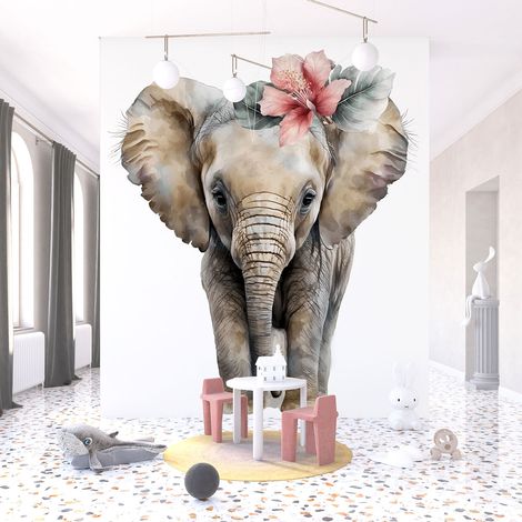 Papier peint panoramique Enfants - Éléphante Fleurs - 130 cm x 84 cm (1/3)