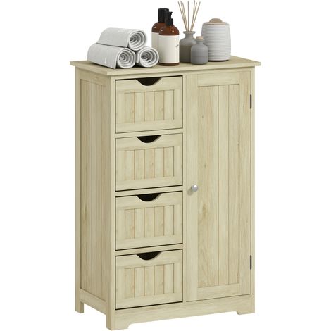 Colonne de Salle de Bain Étroite avec 4 Tiroirs et Étagère Ajustable Style Moderne 56x30x83 cm Bois Naturel (1/4)
