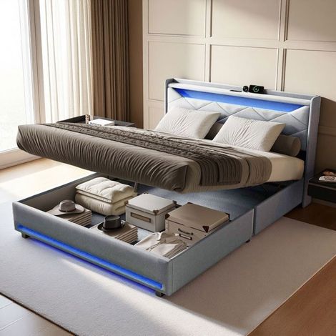 Cama con arcón para 2 personas 140x200 - Cabecera acolchada de lino gris - Somier de lamas - LED RGB y USB - Arcón con pistones (1/5)