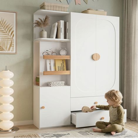 MODFU – Armadio contenitore 125x50x180 cm in MDF con appendiabiti, mensole aperte, 2 cassetti, carico 50 kg e certificazione FSC – Bianco e naturale (1/5)