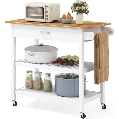Carrello di servizio a 3 livelli con piano in legno e 2 ripiani aperti Isola cucina Bianco (1/5)