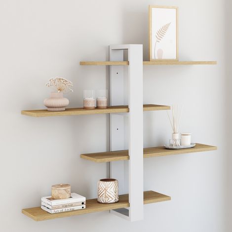 Estantería de pared con estantes deslizantes ORA 4 niveles en acabado haya y blanco