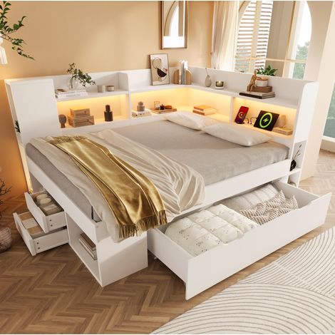 Lit banquette moderne 140x200 cm blanc en bois, tête de lit avec rangement, LED, USB/Type-C, tiroirs, sommier et matelas (1/5)