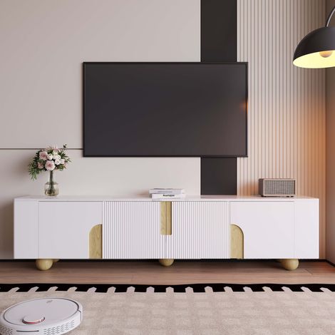Mobile TV bassa 180 x 40 x 44 cm con 4 ante e gambe sferiche in legno, design effetto marmo in MDF - Bianco (1/5)