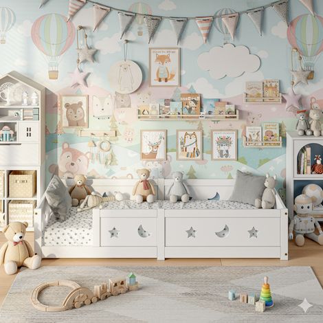 Cama evolutiva 90 x 200 cm - Cuna - Cama con barandillas y patas con estrella y luna - Madera - Blanco