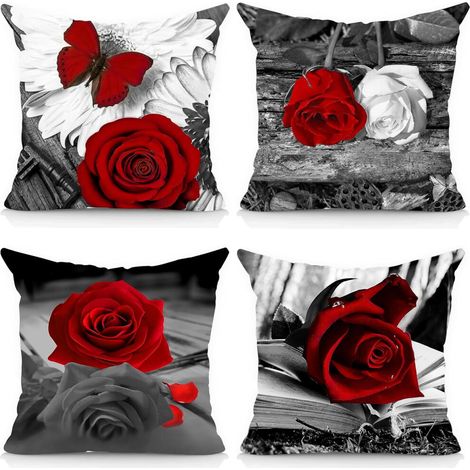 Taies d'oreiller florales 18x18 (lot) – Taies d'oreiller carrées en lin à motifs floraux rouges, gris et noirs, convenant aux canapés, lits et bancs – Décoration style ferme (rouge/noir)