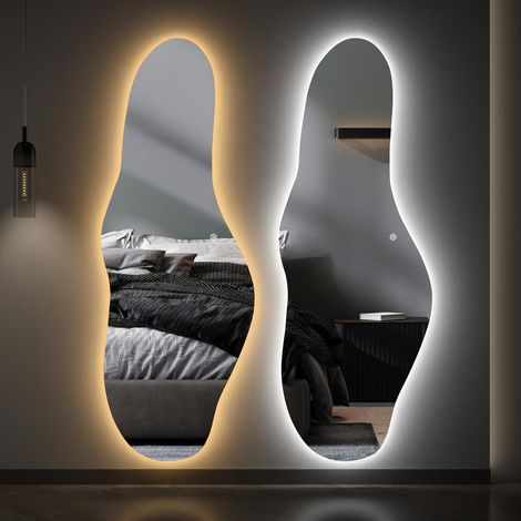 WDWRITTI Asymmetrischer Standspiegel 165x60 cm Ganzkörperspiegel mit Beleuchtung Asymetrischer Spiegel mit Beleuchtung für Ankleidezimmer, Schlafzimmer, Wohnzimmer, Friseursalon