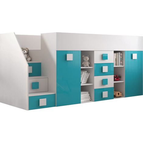 Litera Hartford 366, Blanco + Brillo Turquesa + Blanco brillante, Individuales, 90x200, Aglomerado laminado, Somieres, 94x249x124cm (1/4)