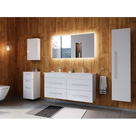 Badmöbelset Helios 5-teilig LED Spiegel Hoch- Seiten- Midischrank weiss hgl (1/5)