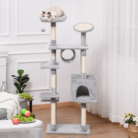 Árbol rascador de columna de 165 cm con poste rascador y perchas para gatitos y gatos adultos de hasta 4,5 kg, gris, 60x50x165 cm