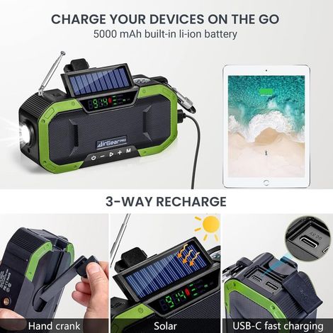 Radio di sopravvivenza portatile a dinamo con batteria da 5000 mAh - Caricabatterie USB per smartphone - Torcia, radio FM/AM - Radio a manovella e a energia solare… (1/4)