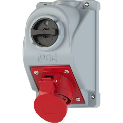 Prise fixe avec interrupteur L-0-P 32A 5P 400V IP44 – Verrouillage mécanique – Pour chantiers humides – Plastique rouge – PCE