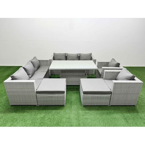 Fimous 7 PCs Rising Dining Table Set Rattan Furniture Set with 3 Seater Sofa Chair 2 Big Footstools Light Grey (1/5)
