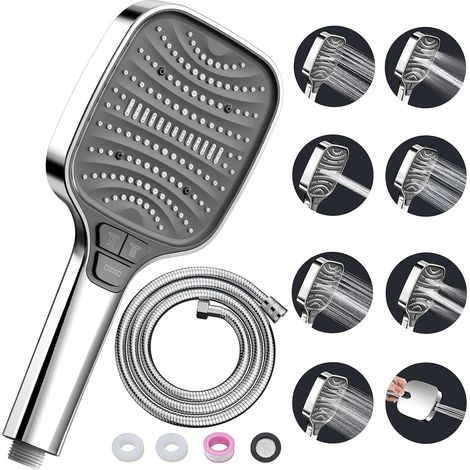 Pomme de douche haute pression avec flexible 1.5 m, douchette pluie chromée argent, 4 boutons, 8 jets réglables, douche à main économe en eau, pomme de douche amovible multifonction 2