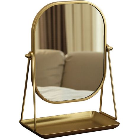 Miroir de maquillage en fer forgé doré avec compartiment de rangement - Miroir de bureau pivotant à 360 degrés - Convient aux chambres d'étudiants et à un usage domestique. (1/2)