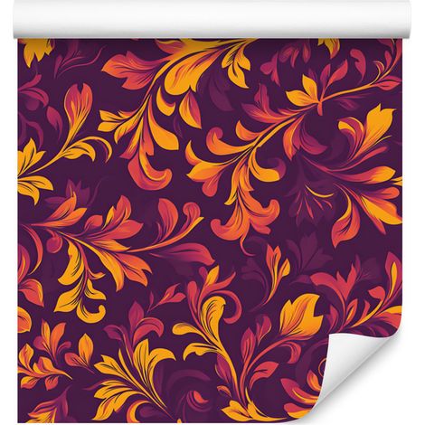Motif floral complexe, prune et bordeaux, fond rose, 50 x 1000 cm (1/5)