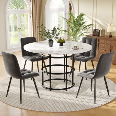 Ensemble de salle à manger (5 pièces), ensemble table et 4 chaises, ensemble table de cuisine, table ronde de 100 cm de diamètre, plateau en MDF blanc, chaise de salle à manger en velours gris