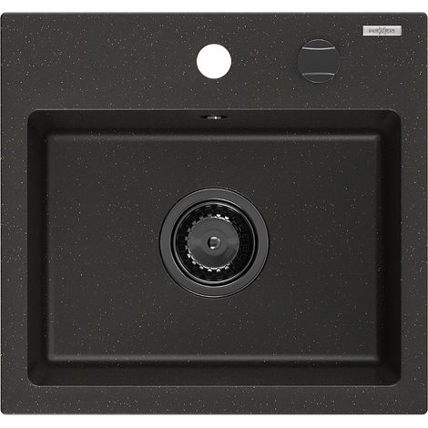 Mexen Milo fregadero de granito de 1 cubeta 435 x 410 mm, negro/dorado met谩lico, sif贸n negro - 6505441000-75-B (1/5)
