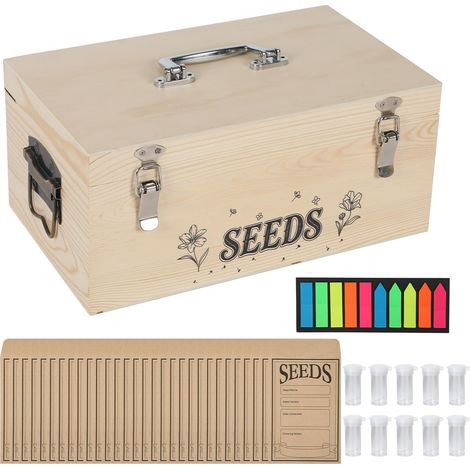 Boîte de rangement pour semences, en bois, avec 60 enveloppes de semences, autocollants et 10 bouteilles en plastique, rangement de semences avec séparateurs amovibles pour graines de légumes (1/5)