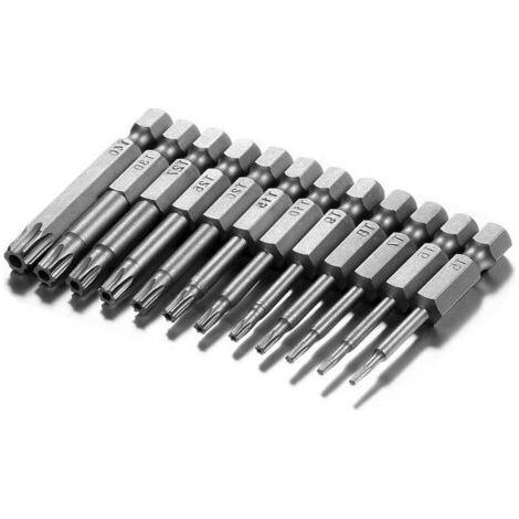 Jeu de 12 Embouts de Tournevis à Tête Torx Creux 50mm Bits de Tournevis Magnétique 1/4" Tige Hexagonale S2 Acier T5-T40 Étoile Tête Sécurité Torx Inviolable Tournevis Électrique Outil Tige Hex