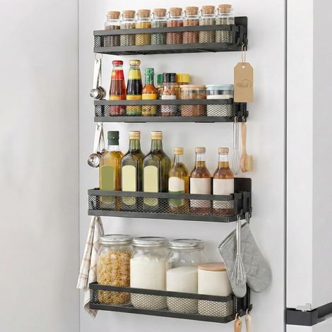 Porte-épices Magnétique pour réfrigérateur, Pack de 4, Organisateur avec 8 Crochets Mobiles, Étagère Magnétique pour Rangement de Cuisine, Noir (1/5)