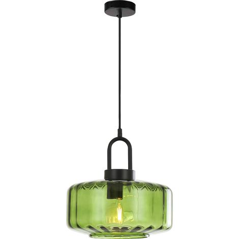 Suspension Moderne en Verre Ambré avec Douille E27, Luminaire Plafonnier Noir Mat pour Cuisine, Salle à Manger (Vert) (1/5)