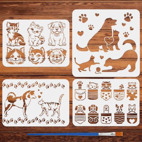 4Pcs Pochoir de Peinture pour Chat et Chien Avec Pinceau 2 Tailles Joli Modèle de Dessin de Tête de Chat et de Chien Silhouette D'Animal de Compagnie Empreinte Patte Cœur Pochoir Poche (1/5)