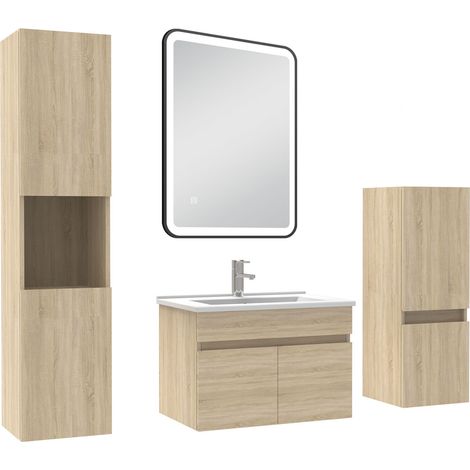 Ocean Meuble simple vasque 60cm avec colonne + miroir lumineux 3 couleurs + dimmable chêne wotan (1/5)