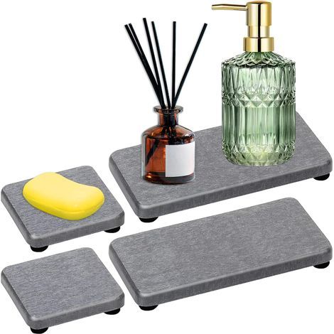 Set of 4 Water-Absorbing Stone Sink Trays, Sink Organizer, Instant Quick-Drying Mat for Kitchen Countertop, Non-Slip Diatomite Coasters (1/5)