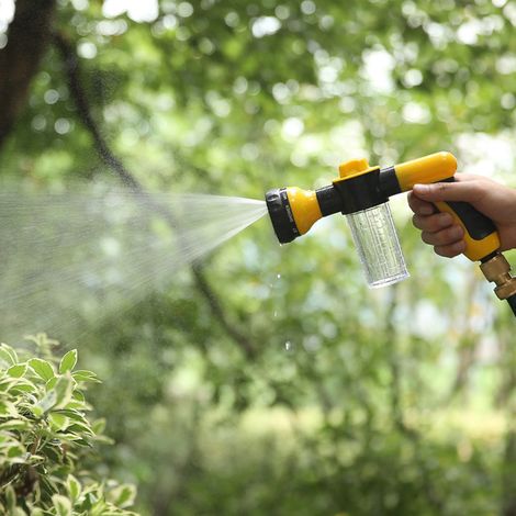 Pistolet d'arrosage 8 jets avec distributeur de mousse, buse réglable pour jardin, lavage auto et nettoyage animaux, ABS noir et jaune (1/5)