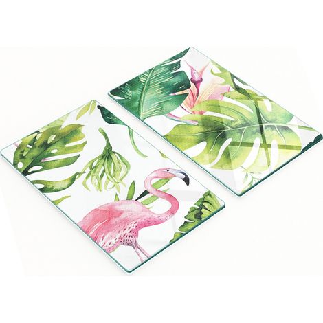 Tablas de cocina de vidrio templado con estampado de flamencos y hojas, 2 x 30 x 52 cm.