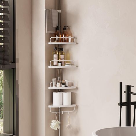 Étagère d'angle de salle de bain réglable en hauteur, panier de douche, organisateur de douche, poteau de 95-300 cm de hauteur en acier inoxydable, avec 4 étagères, argent et blanc (1/5)