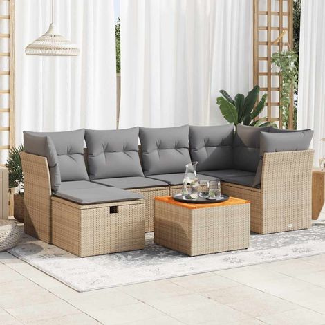 7-tlg. Garten-Sofagarnitur mit Kissen Beige Poly Rattan (1/5)