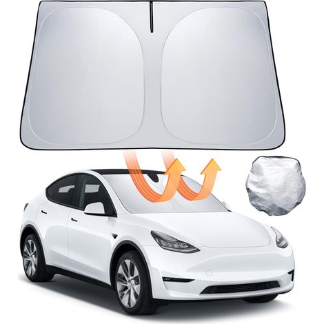 Parasol plegable para parabrisas de Tesla Model 3/Y con bolsa de almacenamiento. Bloquea los rayos UV. Parasol para Model 3/Y 2018-2026. Accesorios Highland Juniper. (1/5)