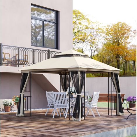 Pavillon de jardin 299x299x274 cm beige en métal et polyester avec double toit et parois amovibles (1/5)